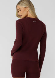 Lorna Jane Take It Easy Waffle Knit Long Sleeve Top - Cranberry