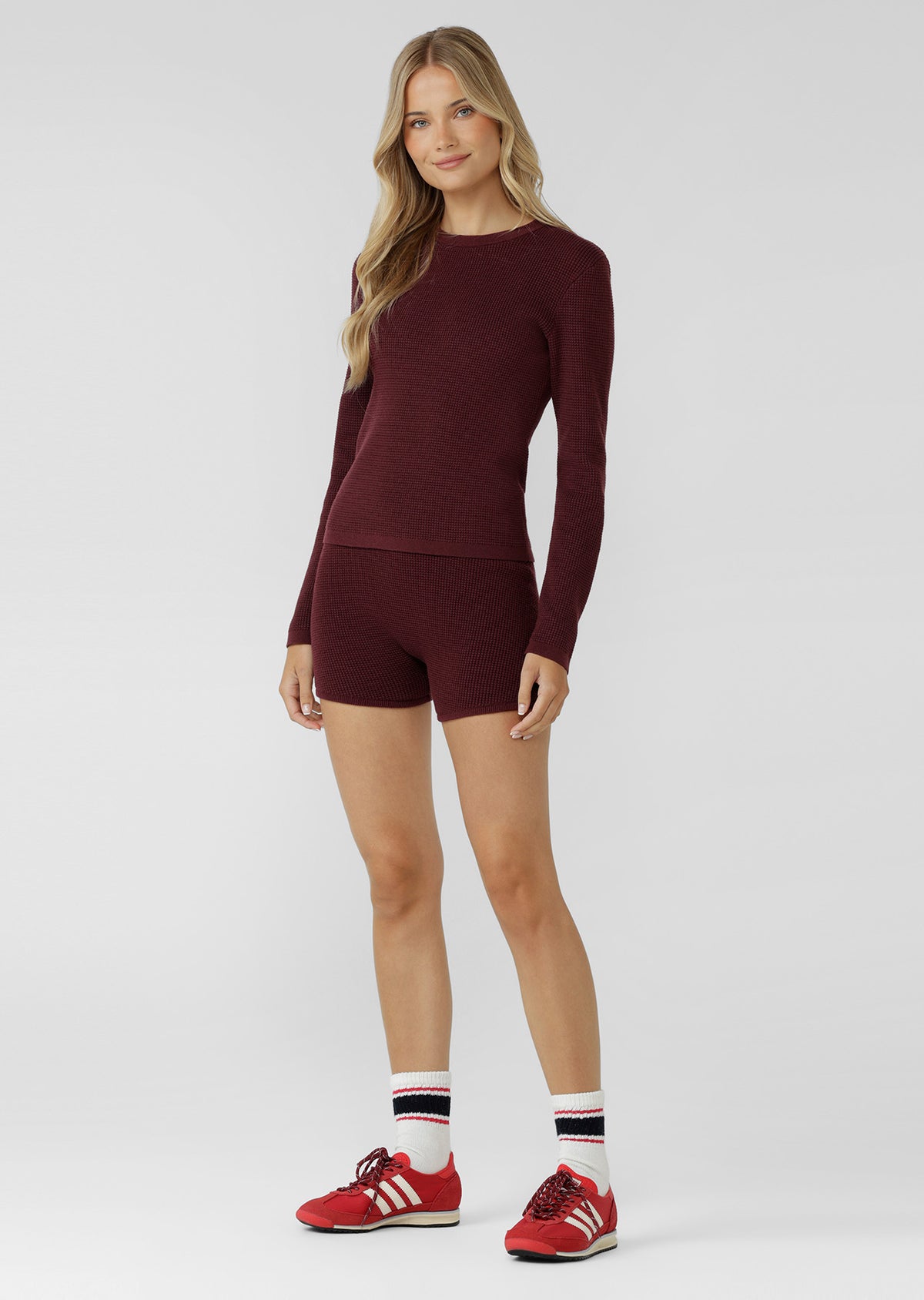 Lorna Jane Take It Easy Waffle Knit Long Sleeve Top - Cranberry