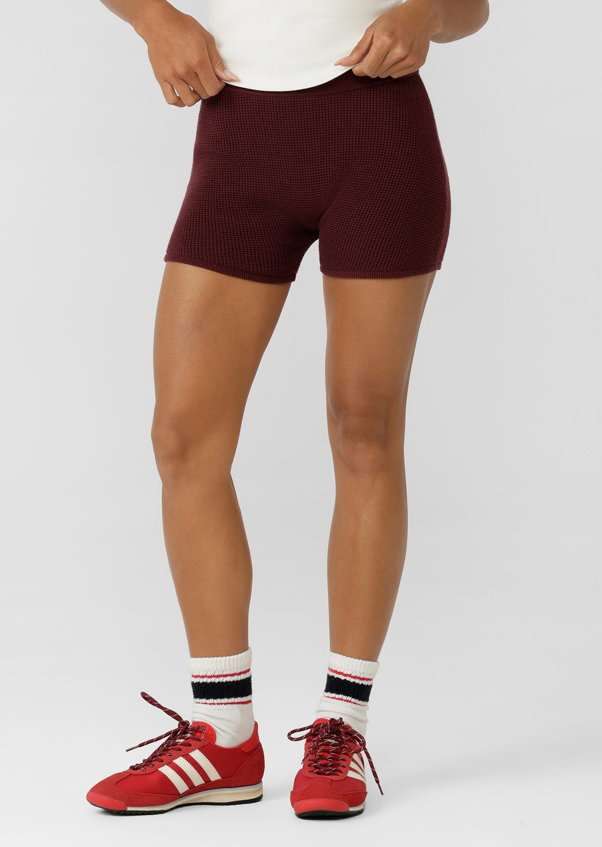 Lorna Jane Take It Easy Waffle Knit 7cm Cheeky Shorts - Cranberry