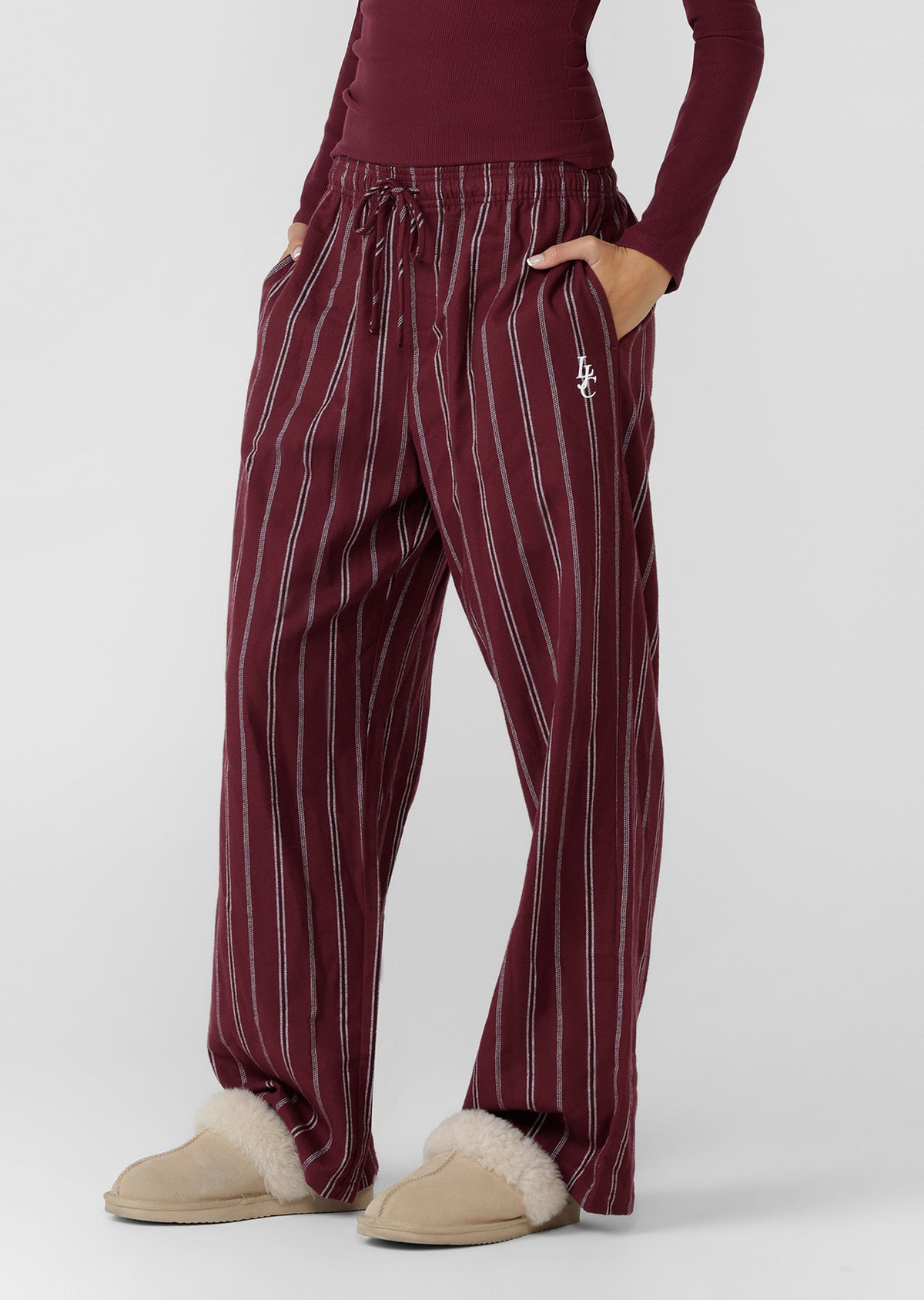 Lorna Jane Campus Stripe Flannel Lounge Pants - Cranberry Stripe