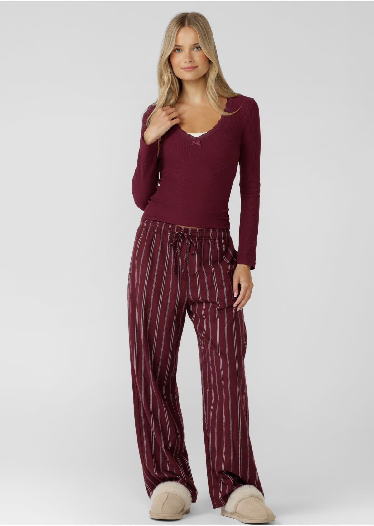 Lorna Jane Campus Stripe Flannel Lounge Pants - Cranberry Stripe