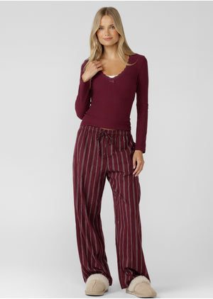 Lorna Jane Campus Stripe Flannel Lounge Pants - Cranberry Stripe