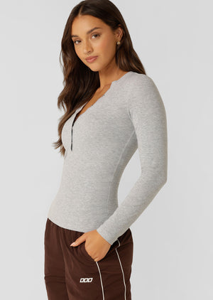 Lorna Jane Henley Rib Long Sleeve Top - Grey Marl