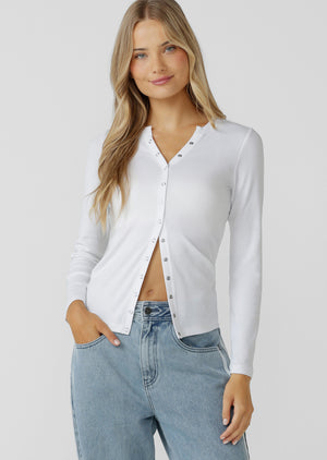 Lorna Jane Retro Snap Button Long Sleeve Rib Top - White