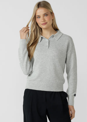 Lorna Jane Feeling Fine Knit Polo Top - Grey Marl