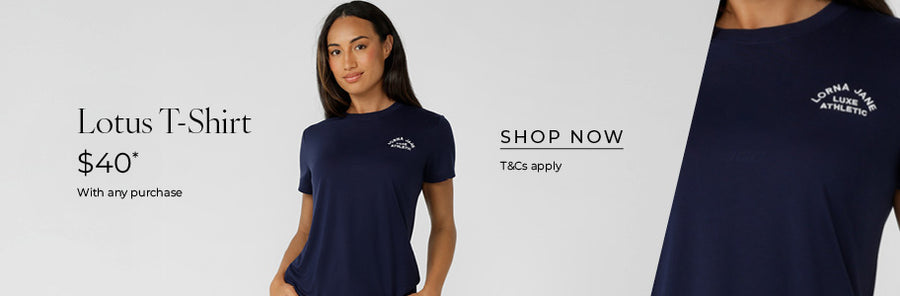 Women wearing navy Lotus T-Shirt. Text: Lotus T-shirt. $40 with any purchase. Shop Now. T&Cs apply. 
