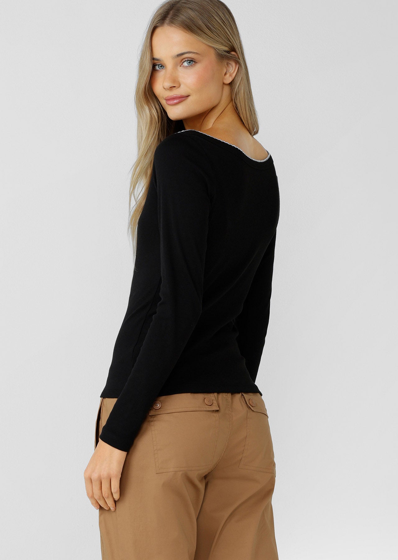 Lorna Jane Sonnet Lace Reversible Long Sleeve Rib Top - Black