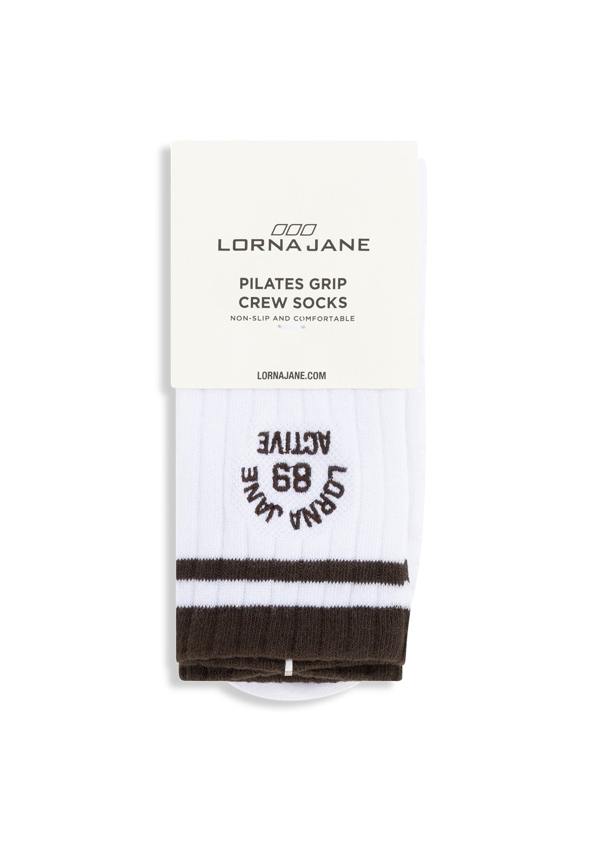 Lorna Jane Throwback Pilates Grip Crew Socks - White & Dark Khaki Haze