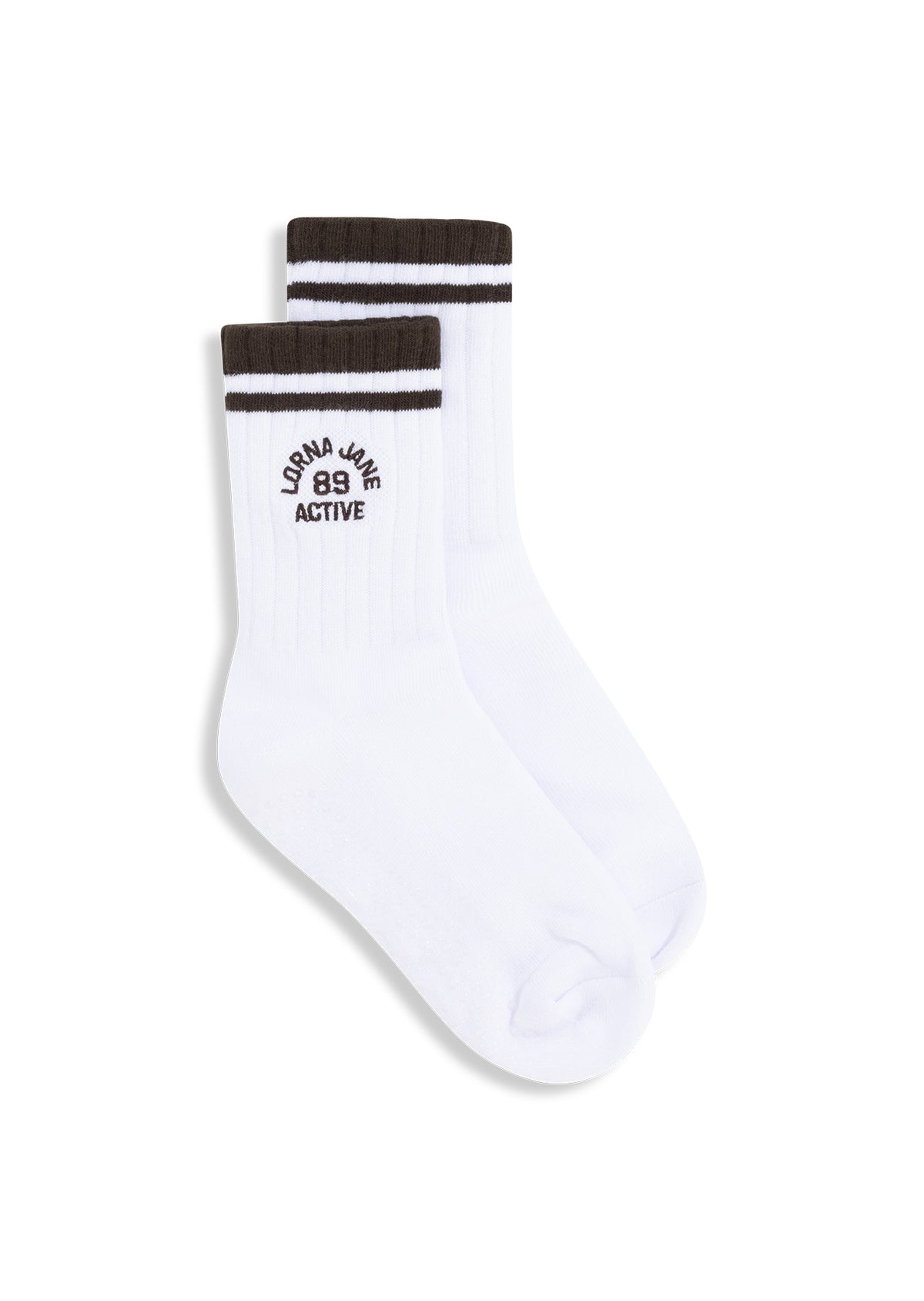 Lorna Jane Throwback Pilates Grip Crew Socks - White & Dark Khaki Haze
