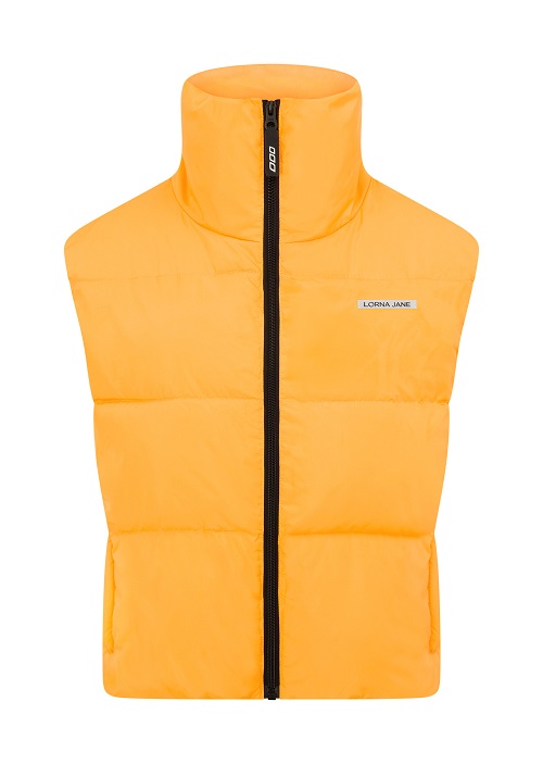 a bright orange puffer vest