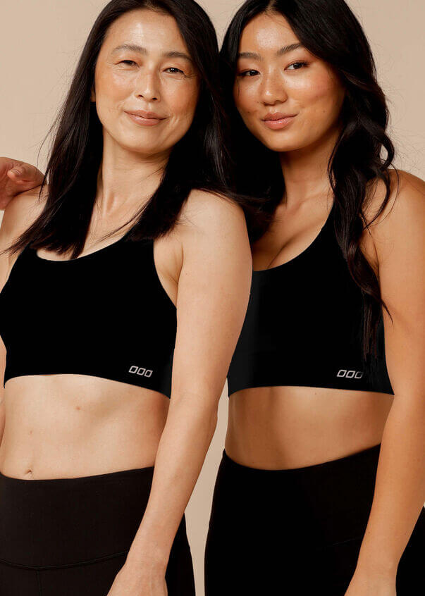 models wearing black maximum support sports bras and matching black high waisted leggings