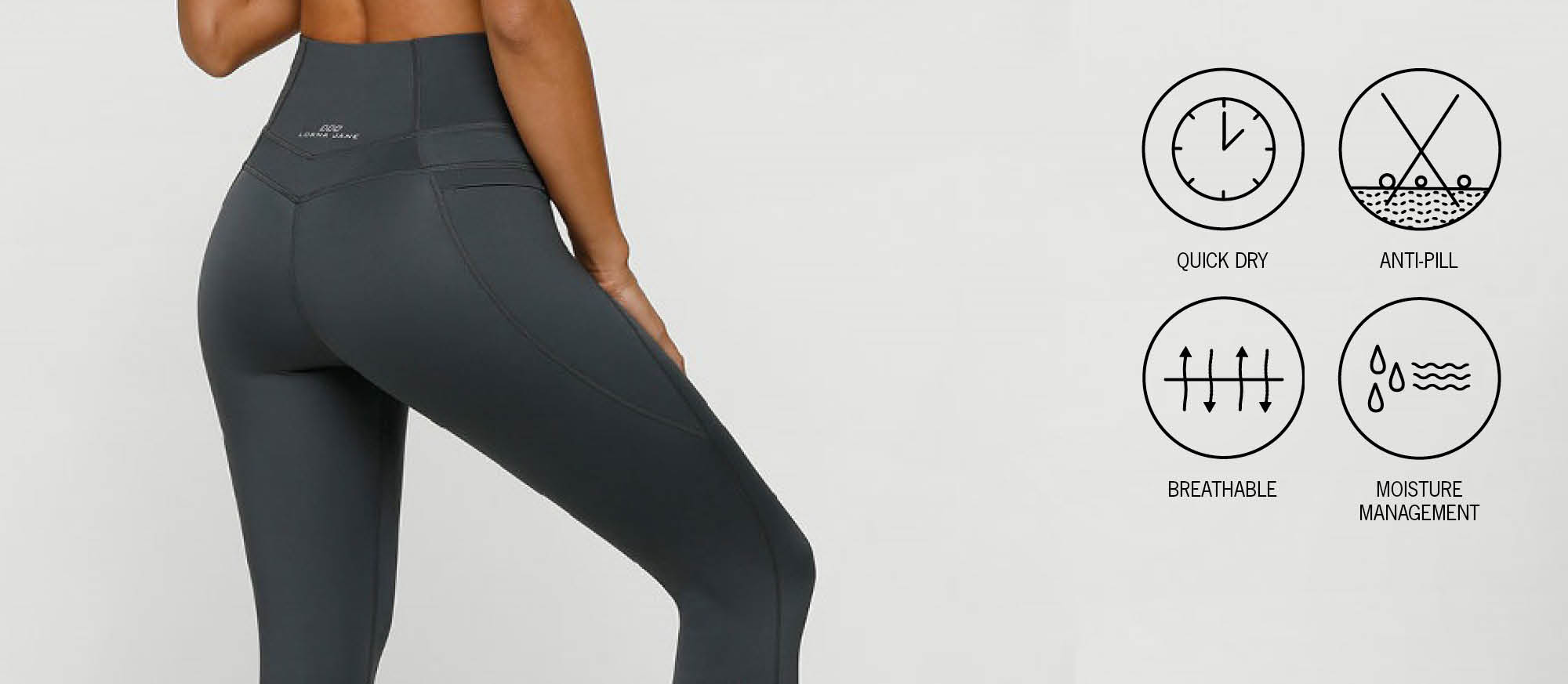 Lorna Jane CoolCore fabric. Quick dry, moisture wicking and breathable, anti-pill.