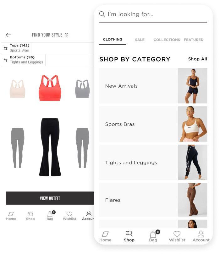 Screenshots of the Mix and Match and shop by category screens on the Lorna Jane App
