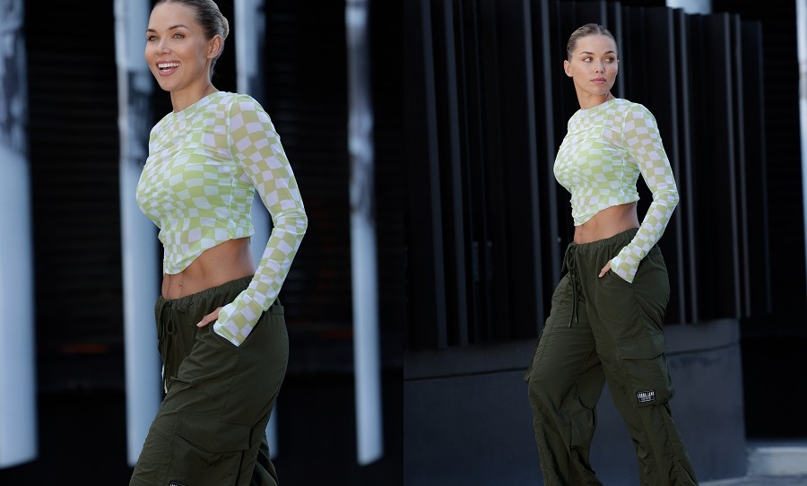 woman wearing army green cargo pants and cropped long sleeve top